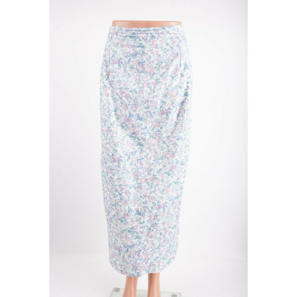 Vintage 1980s Womans Midi Skirt Suit M Blazer Pastel Floral Puff Sleeves Purple - Picture 2 of 12